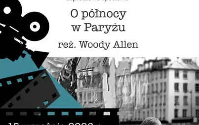 Fragment plakatu promującego wydarzenie z grafiką kamery filmowej i kadrem z filmu oraz jego tytułem.