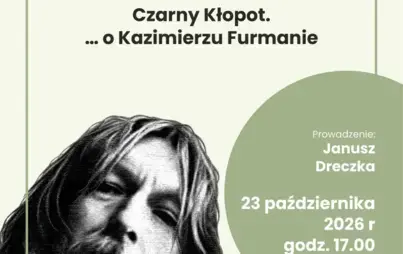 fragment plakatu promującego spotkanie z wizerunkiem artysty i informacjami jak powyżej plakatu głównego