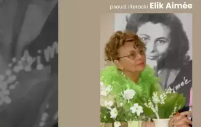 plakat promujący wydarzenie 'Spotkanie autorskie Elżbiety Olszewskiej-Schilling pseud.literacki Elik Aimee'. Plakat wykonany w jasnej tematyce.