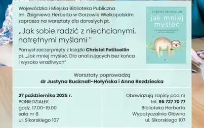 Na górze plakatu znajdują się logotypy i napisy: „2025 Rok Kultury w Gorzowie”, 'WiMBP'oraz „Lubuskie warte zachodu”. Pod nimi jest zdjęcie dwóch uśmiechniętych kobiet siedzących przy stole. Obie patrzą w dół, mają brązowe włosy do ramion, jedna z nich ub