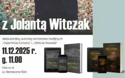 Plakat zawiera szczegółowe informacje na temat spotkania autorskiego z Jolantą Witczak. Na plakacie widoczne zdjęcie z autorką.