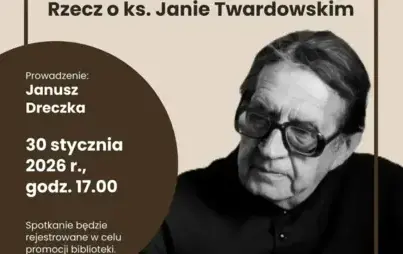 Plakat zapraszający na spotkanie literackie. Filia nr 8 Wojewódzkiej i Miejskiej Biblioteki Publicznej im. Zbigniewa Herberta w Gorzowie Wielkopolskim przy ul. Matejki 38 zaprasza na spotkanie literackie w 20. rocznicę śmierci polskiego poety, księdza, pr