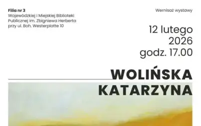 Na plakacie umieszczone informacje o wystawie pt. 'Horyzonty wyobraźni' - Filia nr 3 Wojewódzkiej i Miejskiej Biblioteki Publicznej im. Zbigniewa Herberta przy ul. Boh. Westerplatte 10; wernisaż wystawy 12 lutego 2026 godz. 17.00; Katarzyna Wolińska; wyst