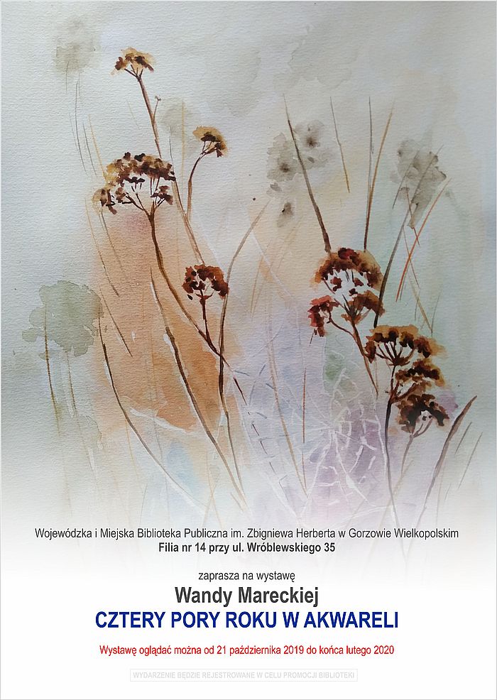Od 21 października 2019 r. Filia nr 14 (ul. Wróblewskiego 35) zaprasza do zwiedzania wystawy Wandy Mareckiej pt. "Cztery pory roku w akwareli". Wystawę można zwiedzać do końca lutego 2020 roku.