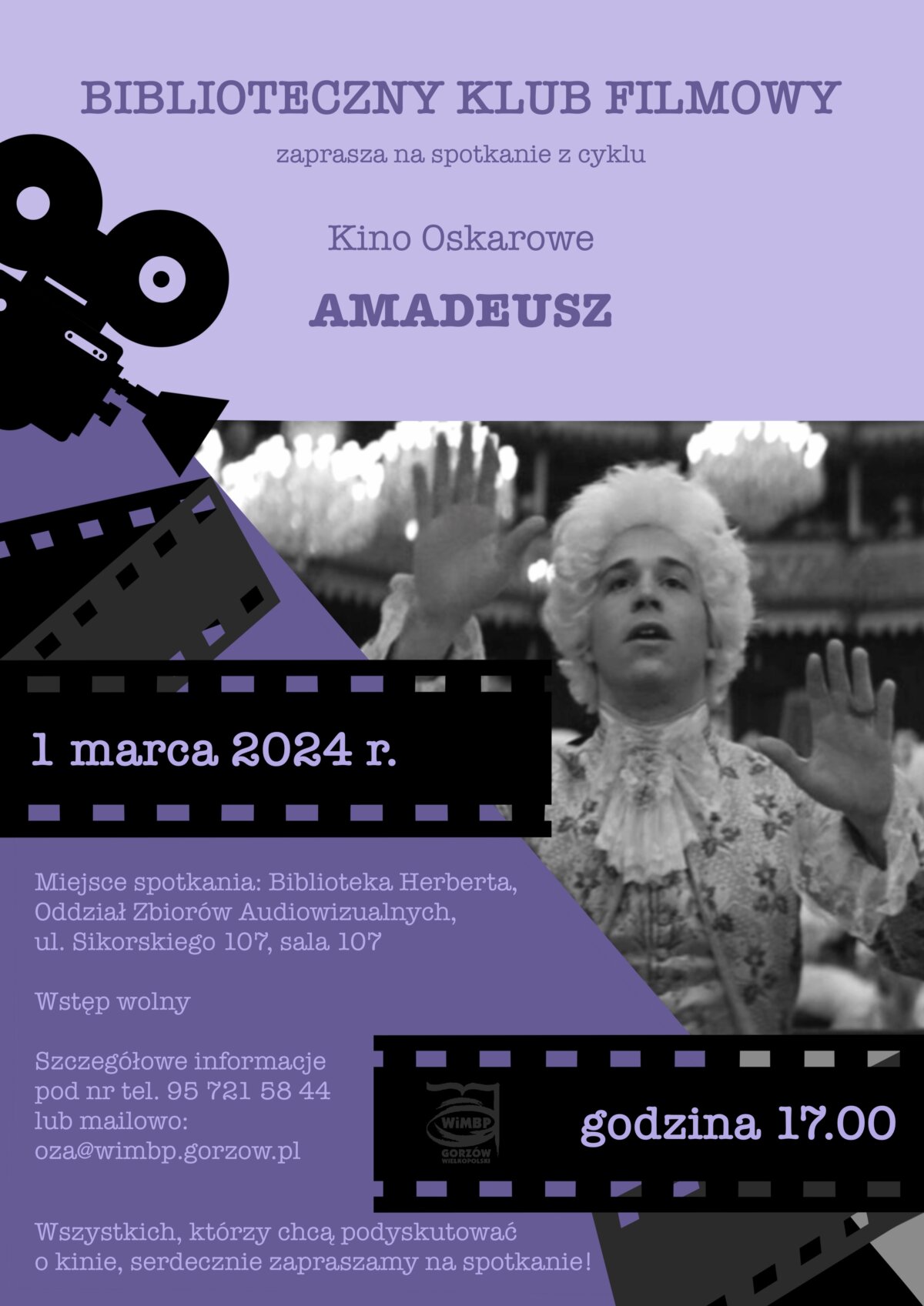Plakat promujący wydarzenie z kadrem z filmu, w kolorze czarno-fioletowym