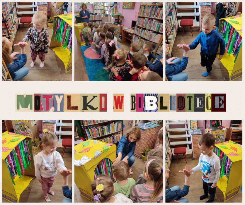 Kolaż z 6 zdjęć wokół napisu „Motylki w bibliotece”. Dzieci przechodzą przez kolorowe wrota, przybijają piątkę bibliotekarce. Kliknięcie powoduje powiększenie zdjęcia