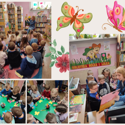 Kolaż z 4 zdjęć. Bibliotekarka czyta dzieciom książkę. Przedszkolaki kolorują motyle. Bibliotekarka prezentuje dzieciom wypożyczanie książek poprzez system biblioteczny. Dzieci skanują książkę. Kliknięcie powoduje powiększenie zdjęcia
