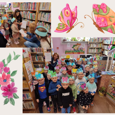 Kolaż z 2 zdjęć. Dzieci i przedszkolanka wręczają bibliotekarce wykonaną przez nich książeczkę o bibliotece. Wspólne zdjęcie przedszkolaków i bibliotekarki. Kliknięcie powoduje powiększenie zdjęcia
