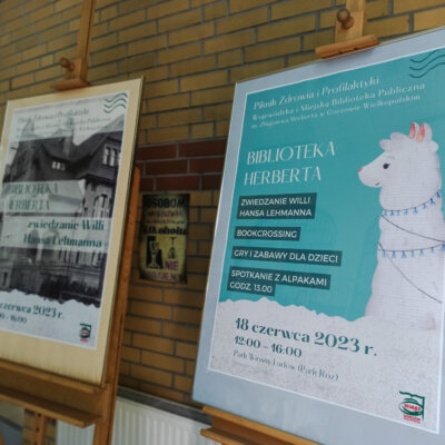Dwa plakaty promujące niedzielny piknik i zwiedzanie willi Lehmanna