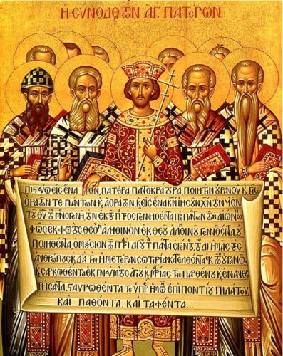 Nicea rok 325. Miniatura przedstawiająca Ojców Kościoła na pierwszym w dziejach soborze biskupów