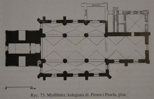 Plan kolegiaty z wydłużonym prezbiterium na stalle kanonickie według Jarosława Jarzewicza