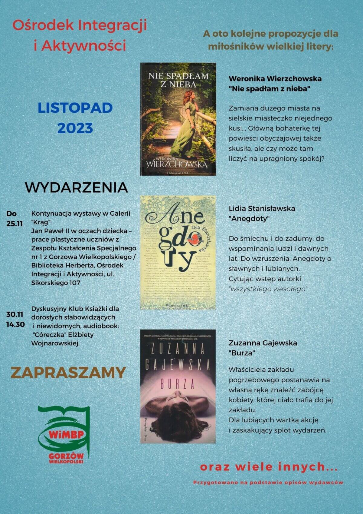 Plakat z propozycjami książek oraz wydarzeniami w Ośrodku Integracji i Aktywności w miesiącu listopadzie 2023r.