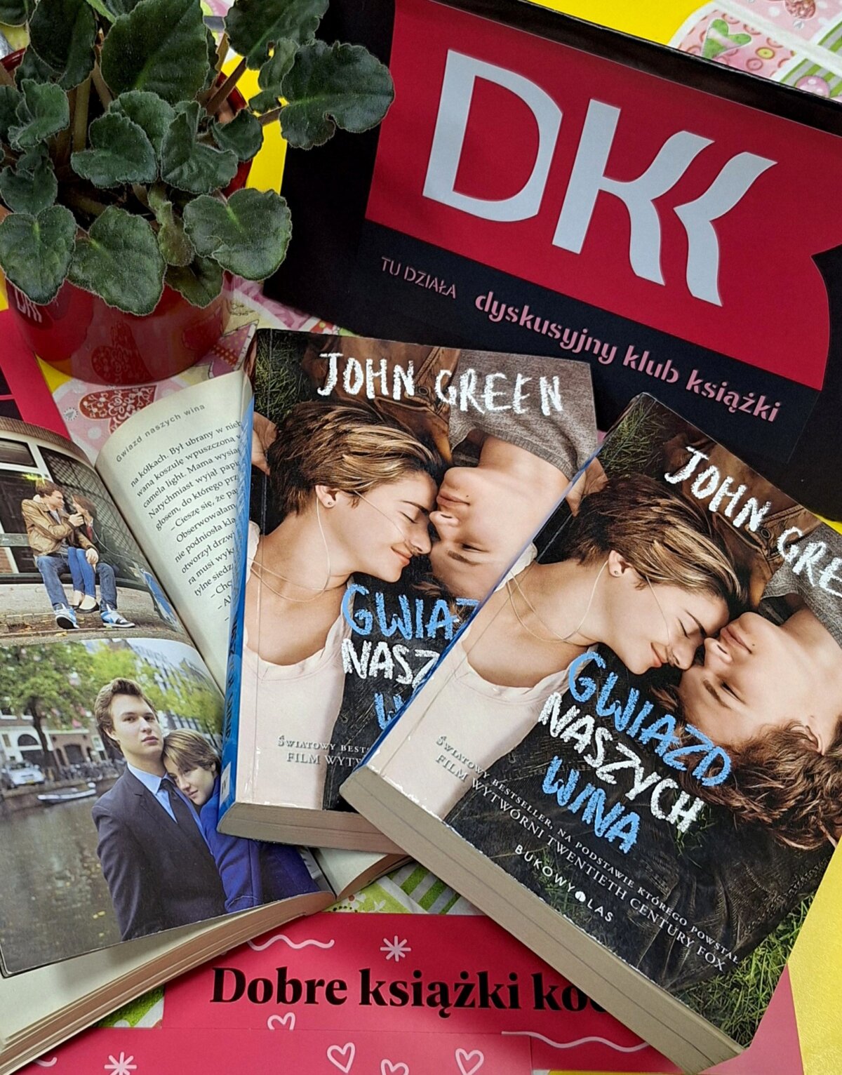 Na stole leżą 3 książki „Gwiazd naszych wina”, jedna jest otwarta na stronie z kadrami z filmu. Powyżej książek znajduje się tabliczka z logo DKK, a pod spodem zakładki do książek.