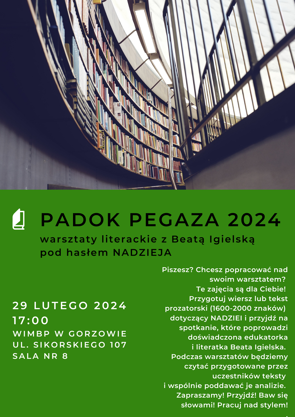 Plakat promujący wydarzenie w kolorze zielonym i grafiką z książkami.