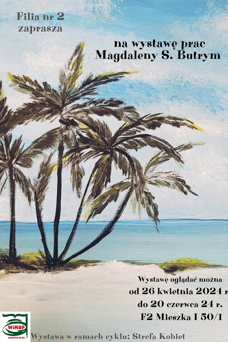 Plakat promujący wydarzenie z palmami nad morzem.