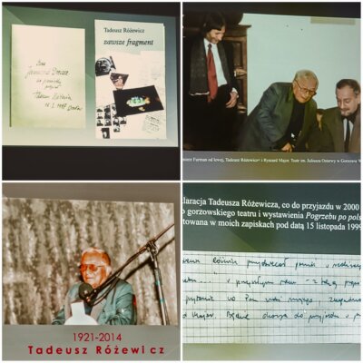 Przykładowe slajdy z prezentacji zamieszczone w formie kolażu. Dedykacja Różewicza w książce Dreczki, zdjęcia ze spotkania z poetą w Gorzowie Wielkopolskim oraz prywatne zapiski prowadzącego. Kliknięcie w obrazek spowoduje powiększenie.