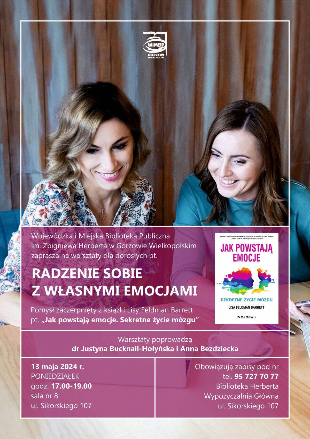 Plakat promujący wydarzenie z okładką książki i zdjęciami dwóch kobiet.