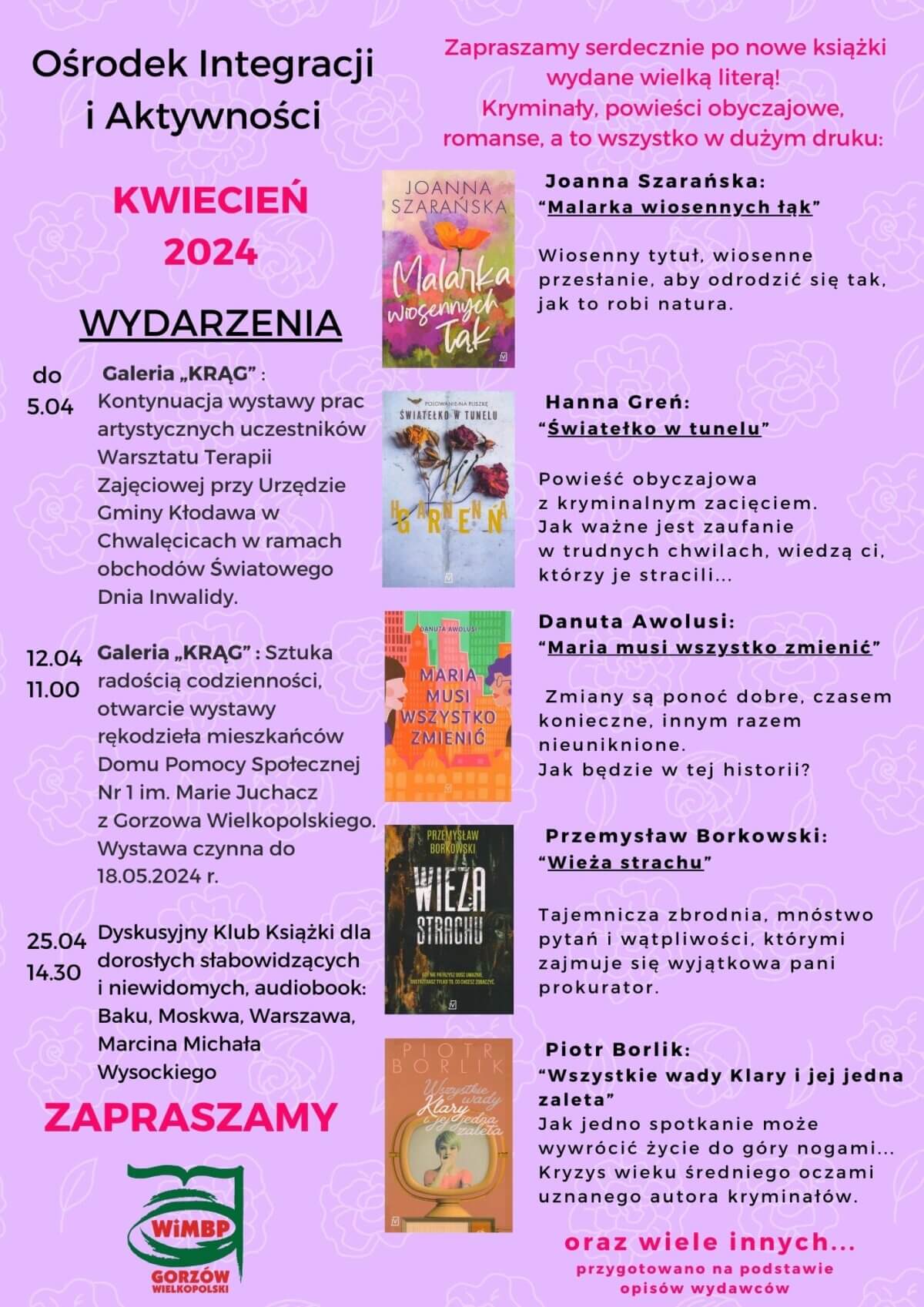 Plakat promujący działalność Ośrodka, w kolorystyce fioletowej, z okładkami promowanych książek i spisem wydarzeń w kwietniu organizowanych przez Ośrodek.